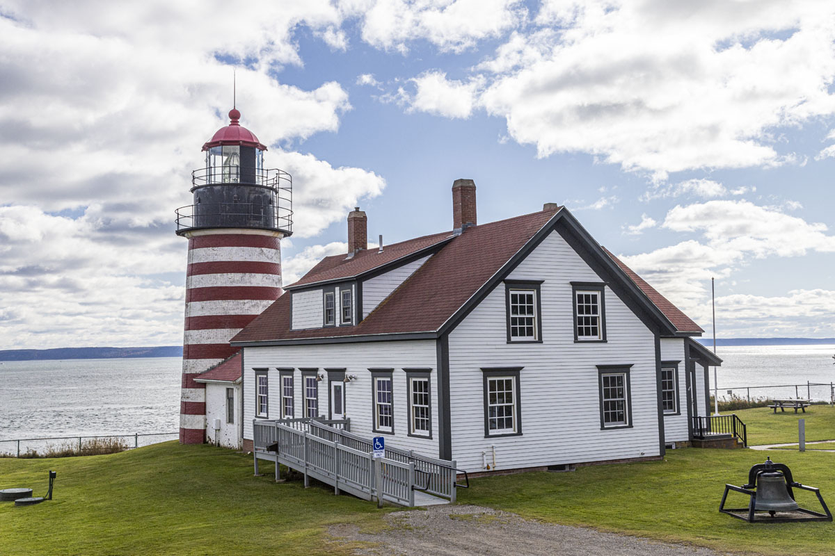West Quoddy Lighthouse is a brick tower 42 feet tall built in 1857. It sits on the Easternmost point of land in the US at W66.950633 [S10R2843]