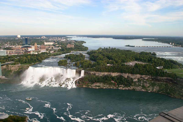 American Falls from the Skylon tower showing the Niagara River as it approaches the falls.