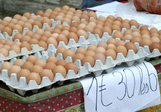 These eggs were 1.30 euros for six. The euro was worth about $1.25 when we were there so these eggs were about $3.25 per dozen.